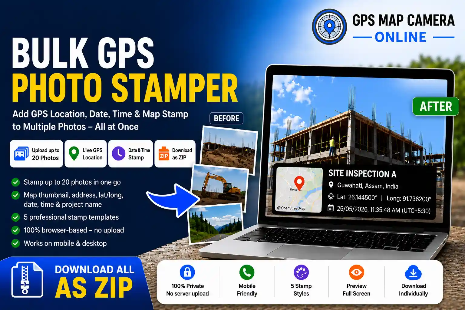 Bulk GPS photo stamper interface – add GPS location, map and date stamp to multiple photos at once