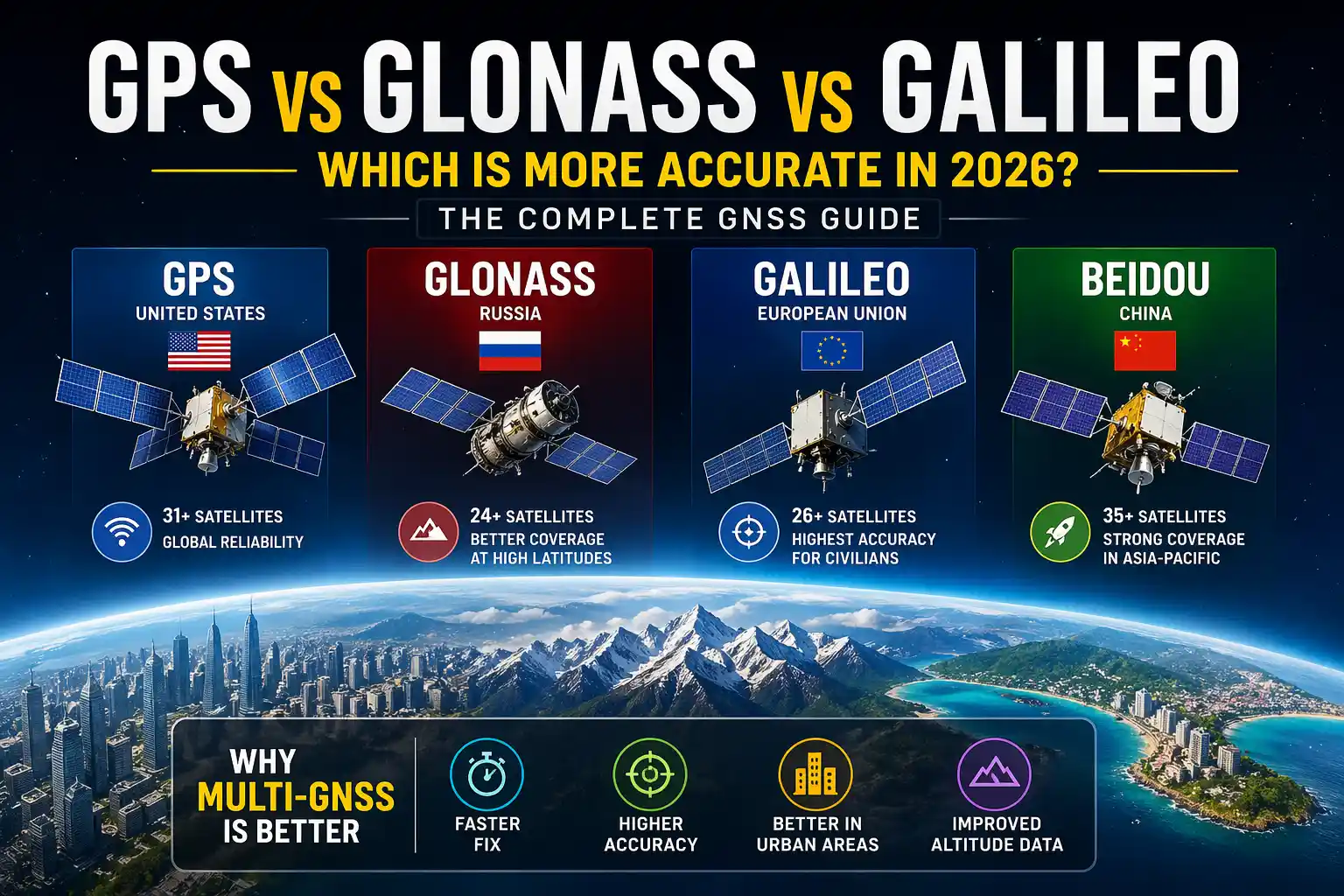 GPS vs GLONASS vs Galileo satellite comparison diagram for GNSS accuracy