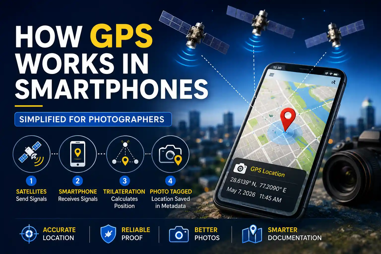 Illustration of how GPS works in smartphones with satellites and location tracking