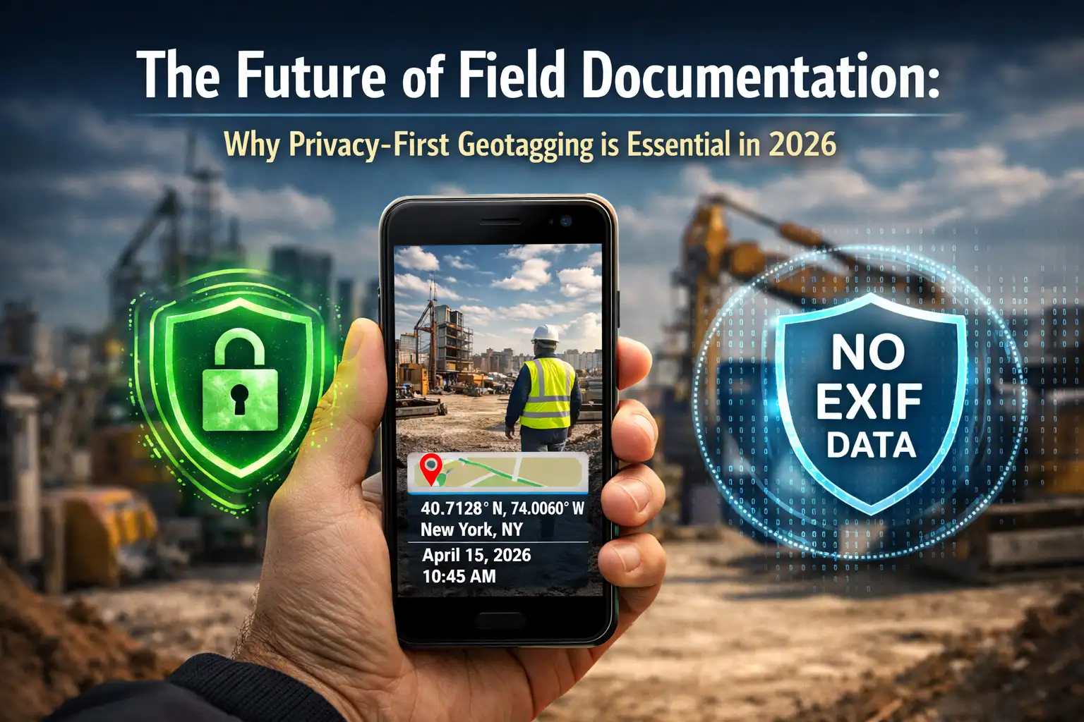 An abstract visualization of digital privacy shields protecting GPS data and camera images.