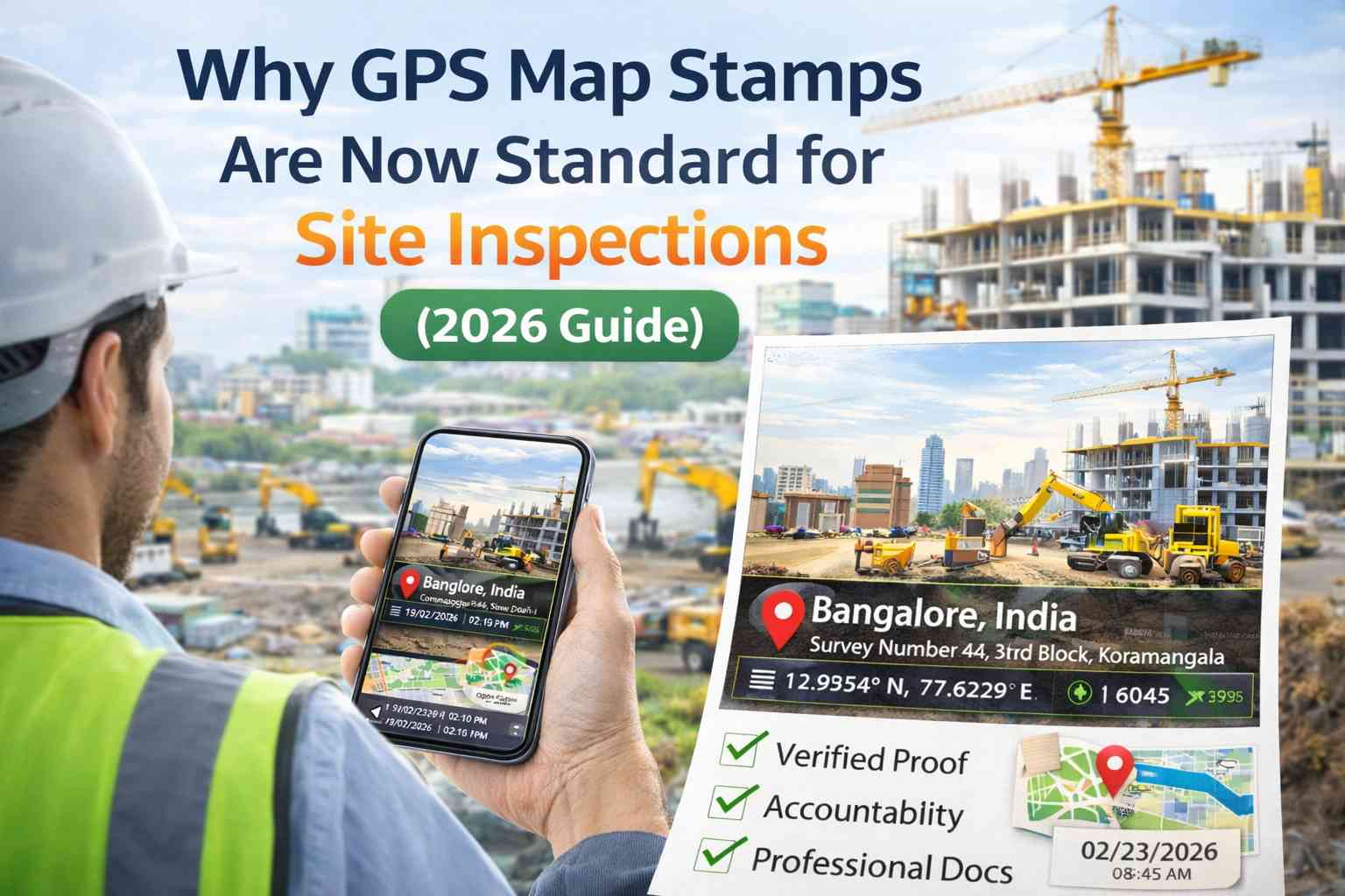 Professional using GPS Map Camera Online for a construction site inspection report