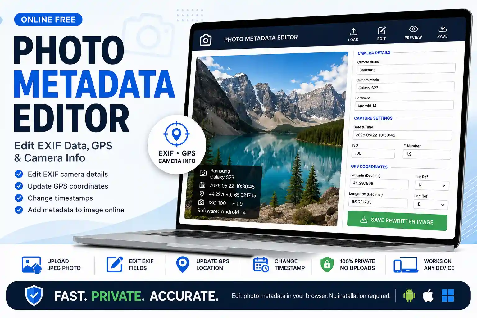 Photo metadata editor preview showing EXIF data editing, GPS coordinate fields, and camera information settings