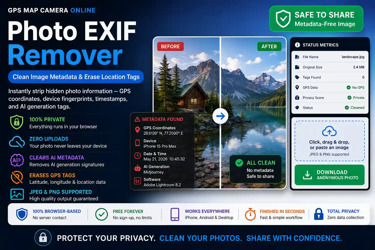 Photo EXIF remover preview showing metadata cleanup tool with option to remove GPS location and camera information