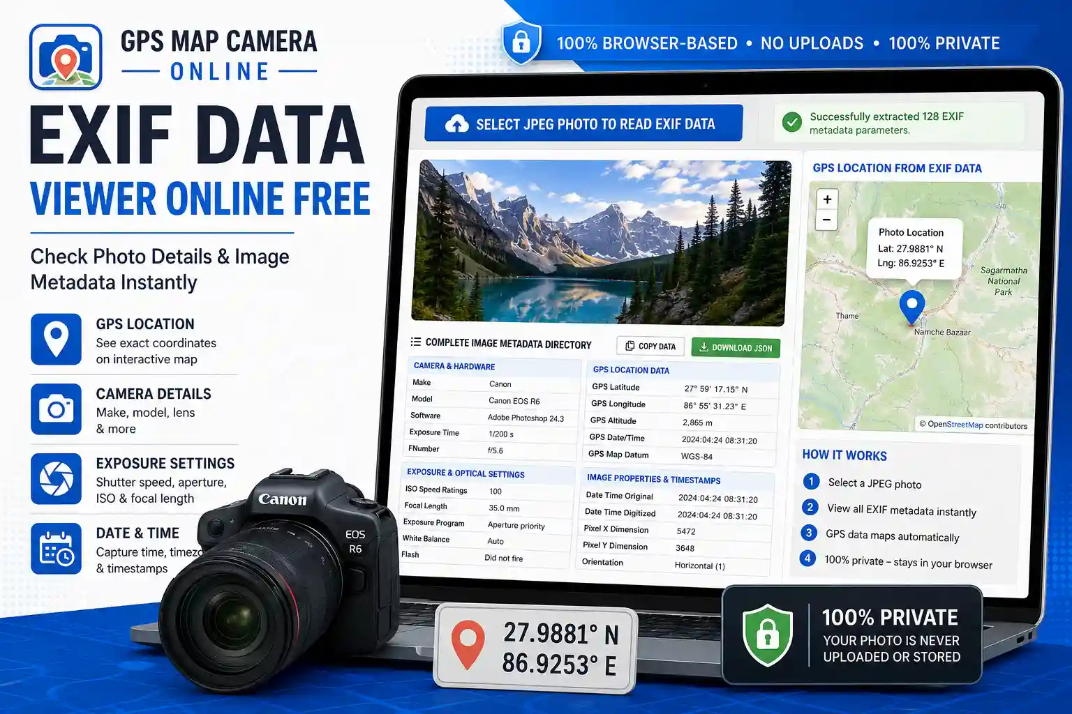 Photo EXIF viewer preview displaying image metadata, camera details, GPS coordinates, and timestamp information
