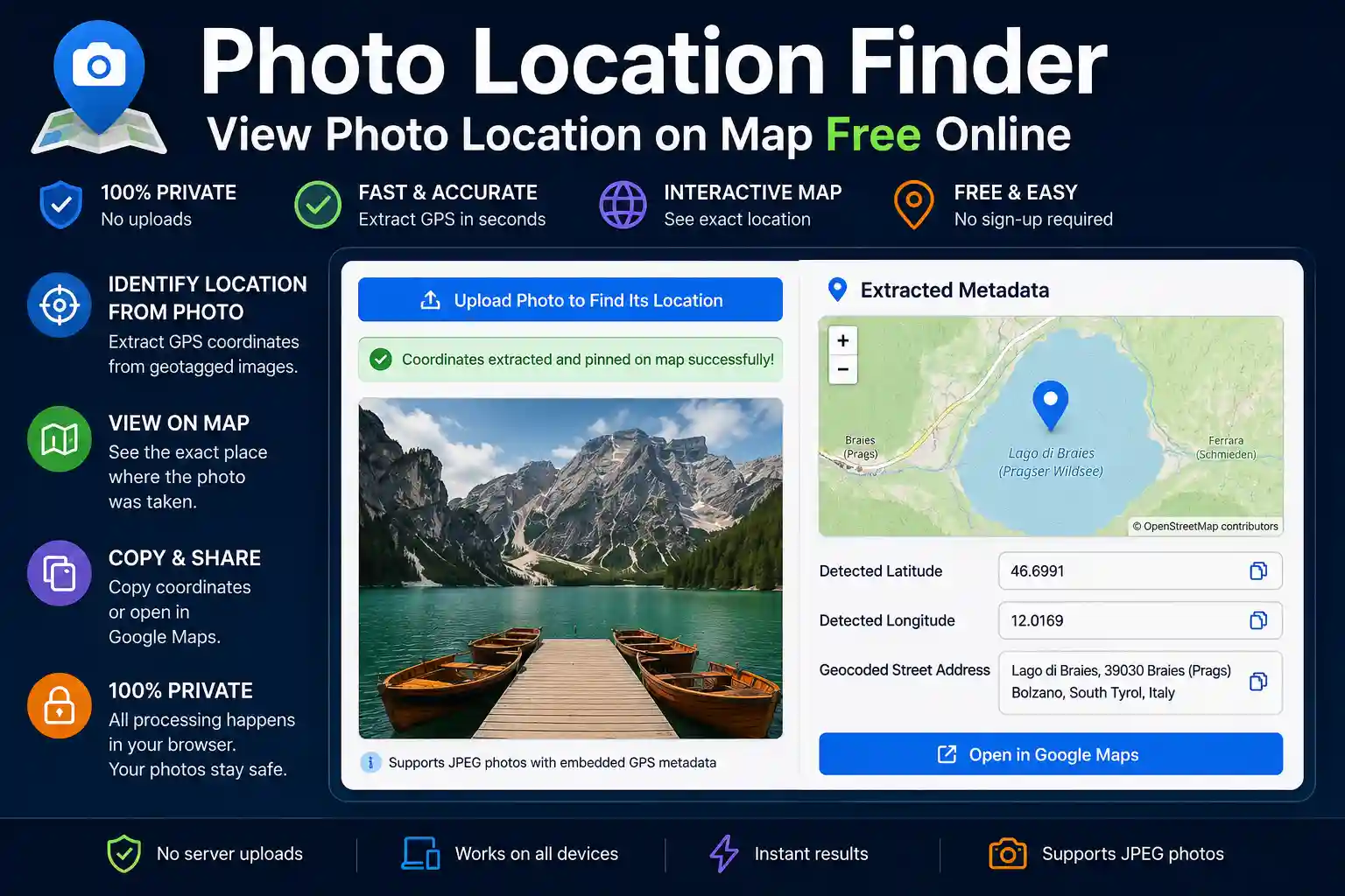 Photo location finder preview showing uploaded image on Map and GPS map coordinates