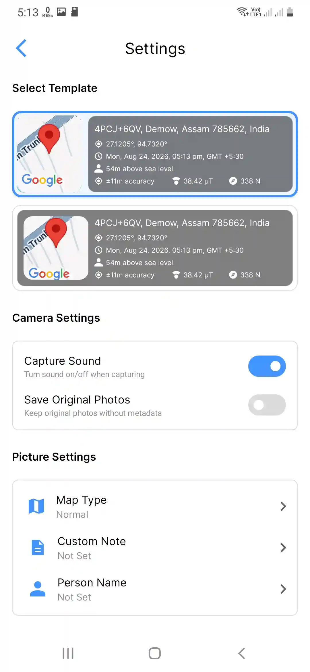 GPS Camera app custom note and map type toggle